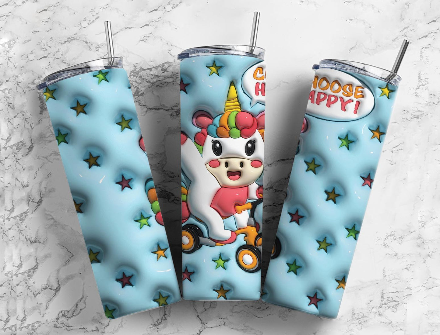 Choose Happy Unicorn 20oz Sublimation Tumbler Designs, 3D Inflated 9.2 x 8.3”  Tumbler Png, Digital Download