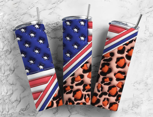 American Flag Leopard 20oz Sublimation Tumbler Designs, 3D Inflated 9.2 x 8.3”  Tumbler Png, Digital Download