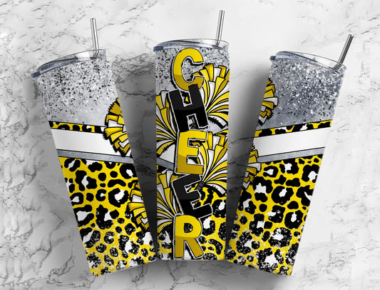 Cheerleading pom pom 20oz Sublimation Tumbler Designs, yellow leopard print 9.2 x 8.3” Straight Skinny Tumbler Wrap PNG