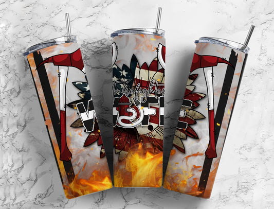 Firefighter wife 20oz Sublimation Tumbler Designs, American flag 9.2 x 8.3” Straight Skinny Tumbler Wrap PNG