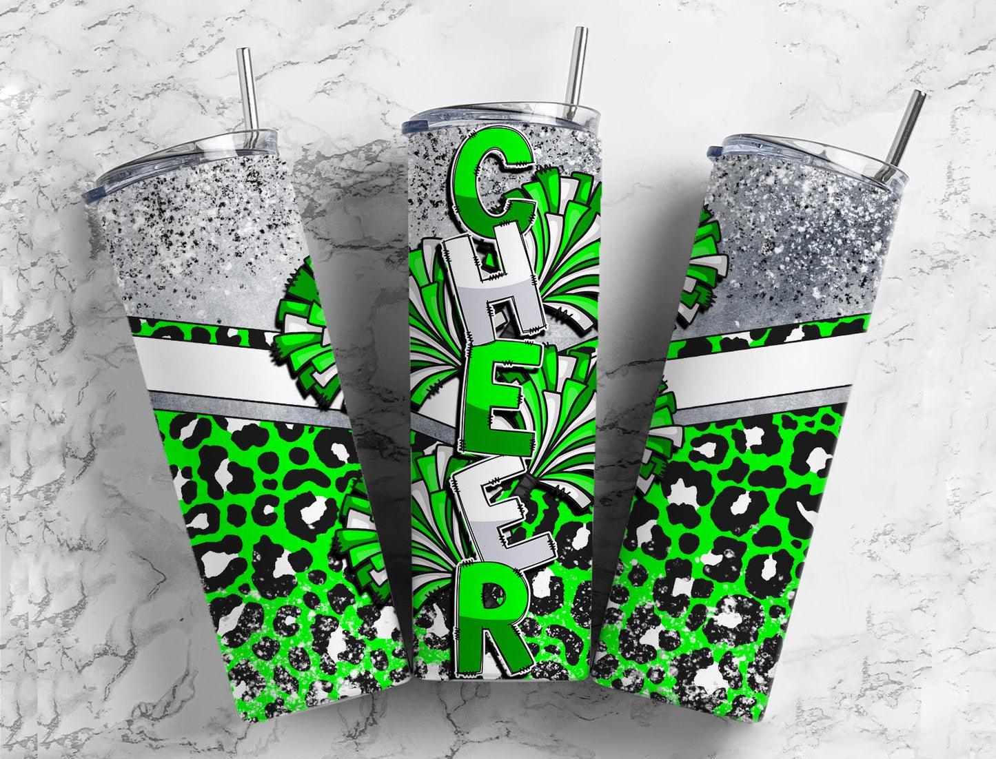 Cheerleading pom poms 20oz Sublimation Tumbler Designs, Green leopard print 9.2 x 8.3” Straight Skinny Tumbler Wrap PNG