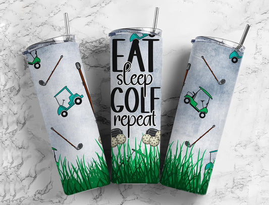 Eat sleep golf repeat 20oz Sublimation Tumbler Designs, Golfing sport 9.2 x 8.3” Straight Skinny Tumbler Wrap PNG