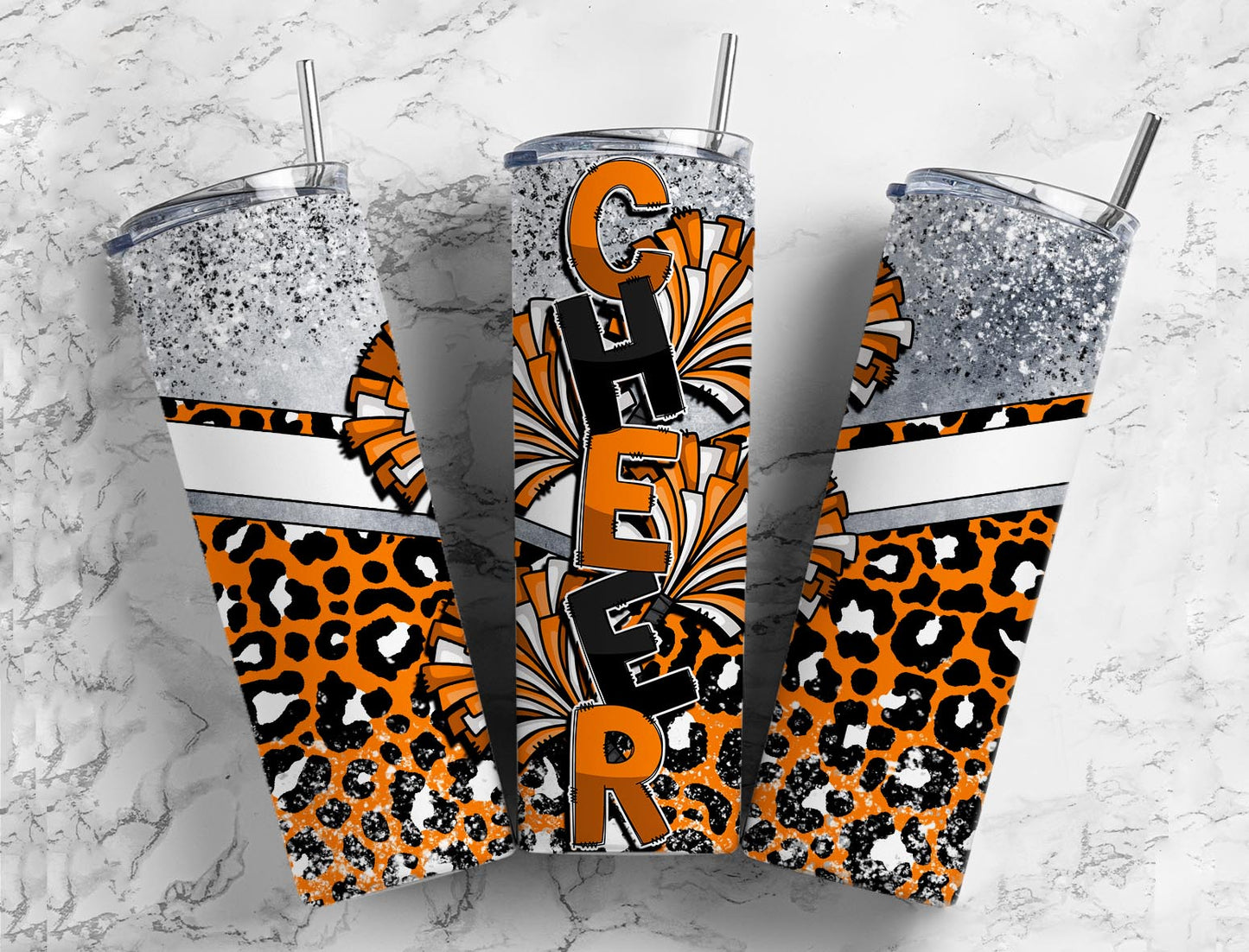 Cheerleader pom poms 20oz Sublimation Tumbler Designs, Orange leopard print 9.2 x 8.3” Straight Skinny Tumbler Wrap PNG