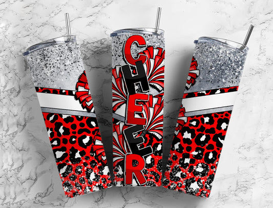 Cheerleader pom poms 20oz Sublimation Tumbler Designs, Red leopard print 9.2 x 8.3” Straight Skinny Tumbler Wrap PNG