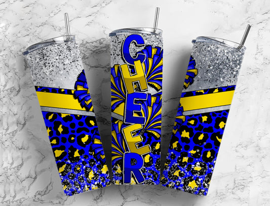 Cheerleader pom poms 20oz Sublimation Tumbler Designs, Blue Leopard print 9.2 x 8.3” Straight Skinny Tumbler Wrap PNG