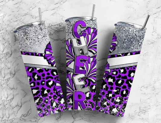 Cheerleader pom poms 20oz Sublimation Tumbler Designs, Purple leopard print 9.2 x 8.3” Straight Skinny Tumbler Wrap PNG