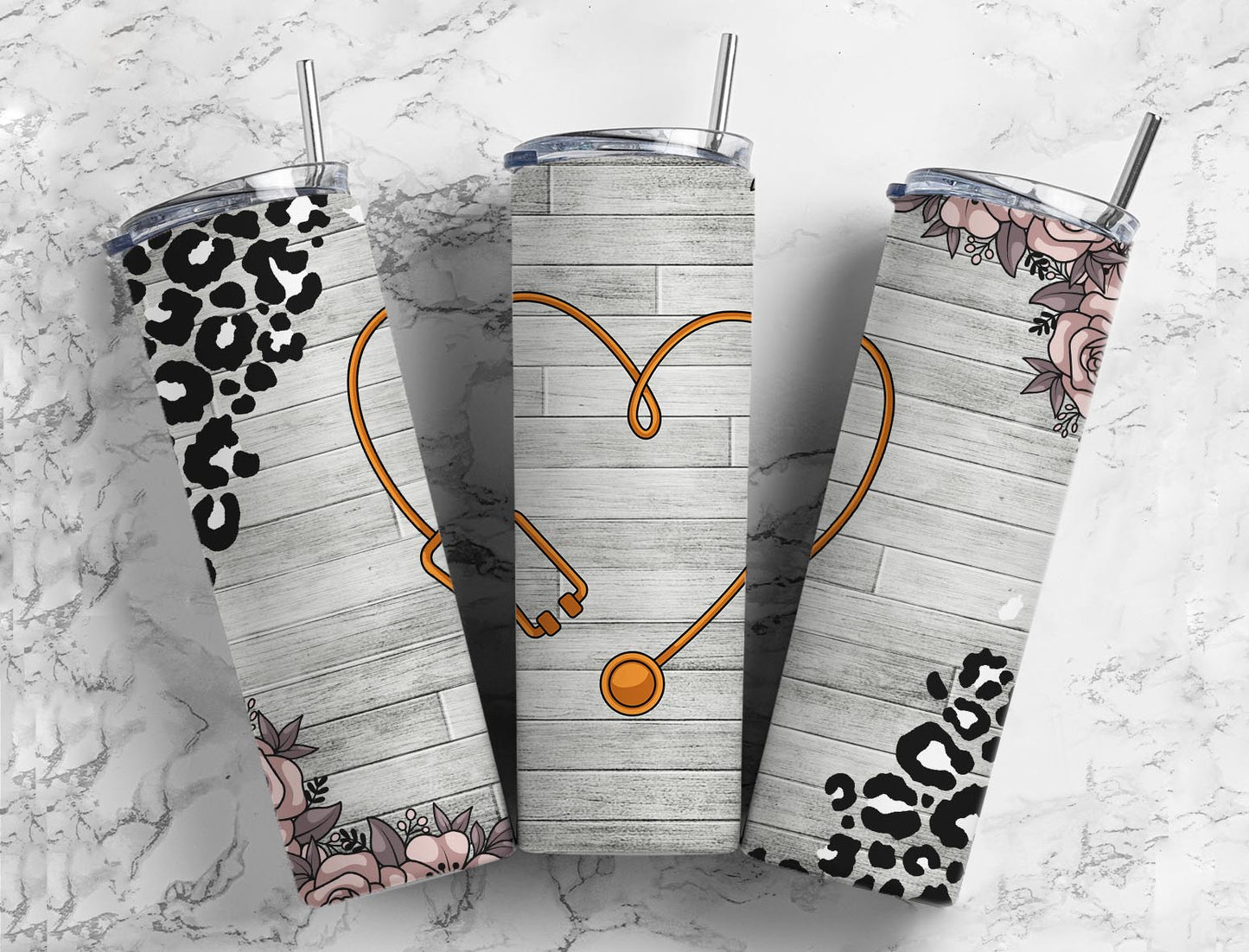 Stethoscope heart 20oz Sublimation Tumbler Designs, leopard print floral 9.2 x 8.3” Straight Skinny Tumbler Wrap PNG