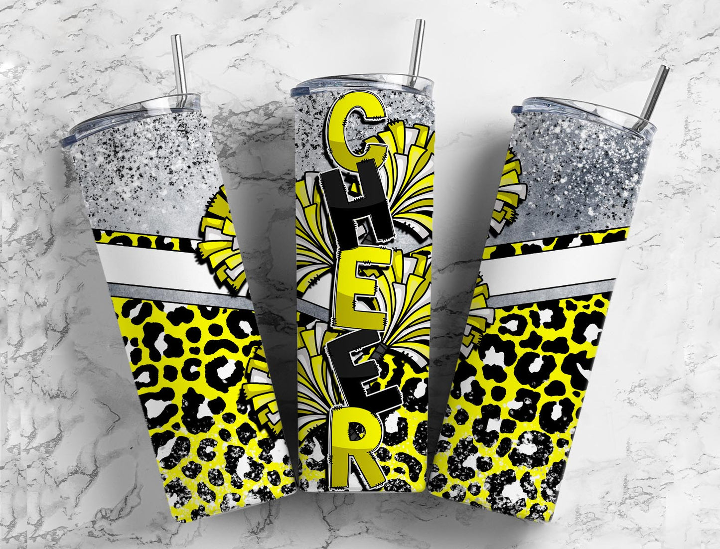 Cheerleader pom poms 20oz Sublimation Tumbler Designs, yellow leopard print 9.2 x 8.3” Straight Skinny Tumbler Wrap PNG