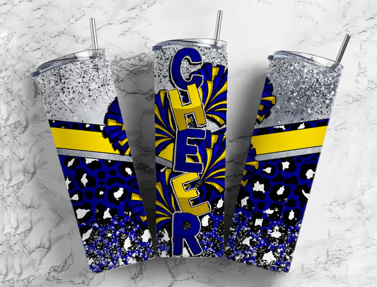 Cheerleader pom poms 20oz Sublimation Tumbler Designs, Dark blue leopard print 9.2 x 8.3” Straight Skinny Tumbler Wrap PNG