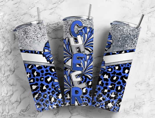 Cheerleader pom poms 20oz Sublimation Tumbler Designs, Leopard print blue 9.2 x 8.3” Straight Skinny Tumbler Wrap PNG