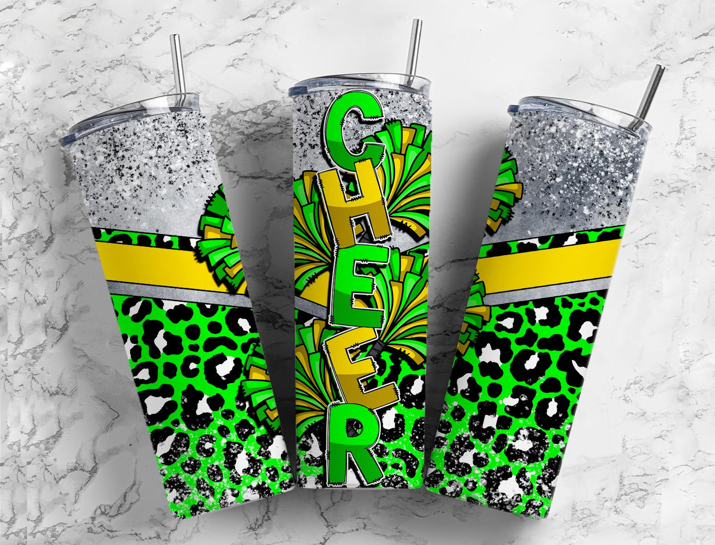 Cheerleader pom poms 20oz Sublimation Tumbler Designs, Green Leopard print 9.2 x 8.3” Straight Skinny Tumbler Wrap PNG