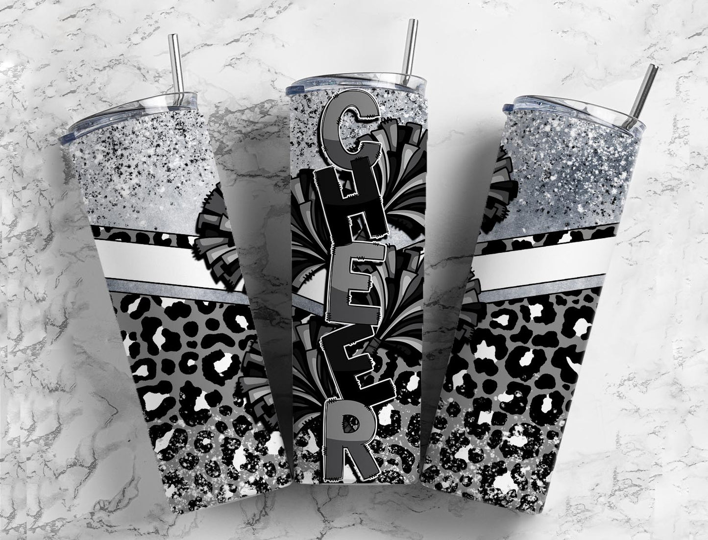 Cheerleader pom poms 20oz Sublimation Tumbler Designs, Grey Leopard print 9.2 x 8.3” Straight Skinny Tumbler Wrap PNG