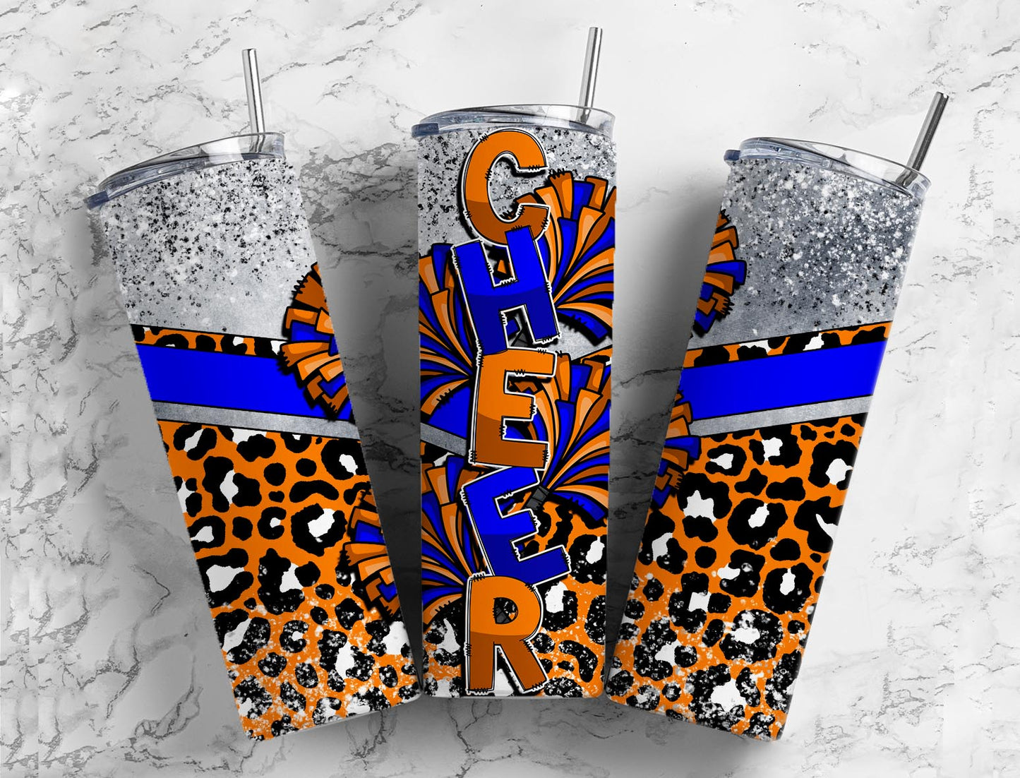 Cheerleader pom poms 20oz Sublimation Tumbler Designs, Orange and blue 9.2 x 8.3” Straight Skinny Tumbler Wrap PNG