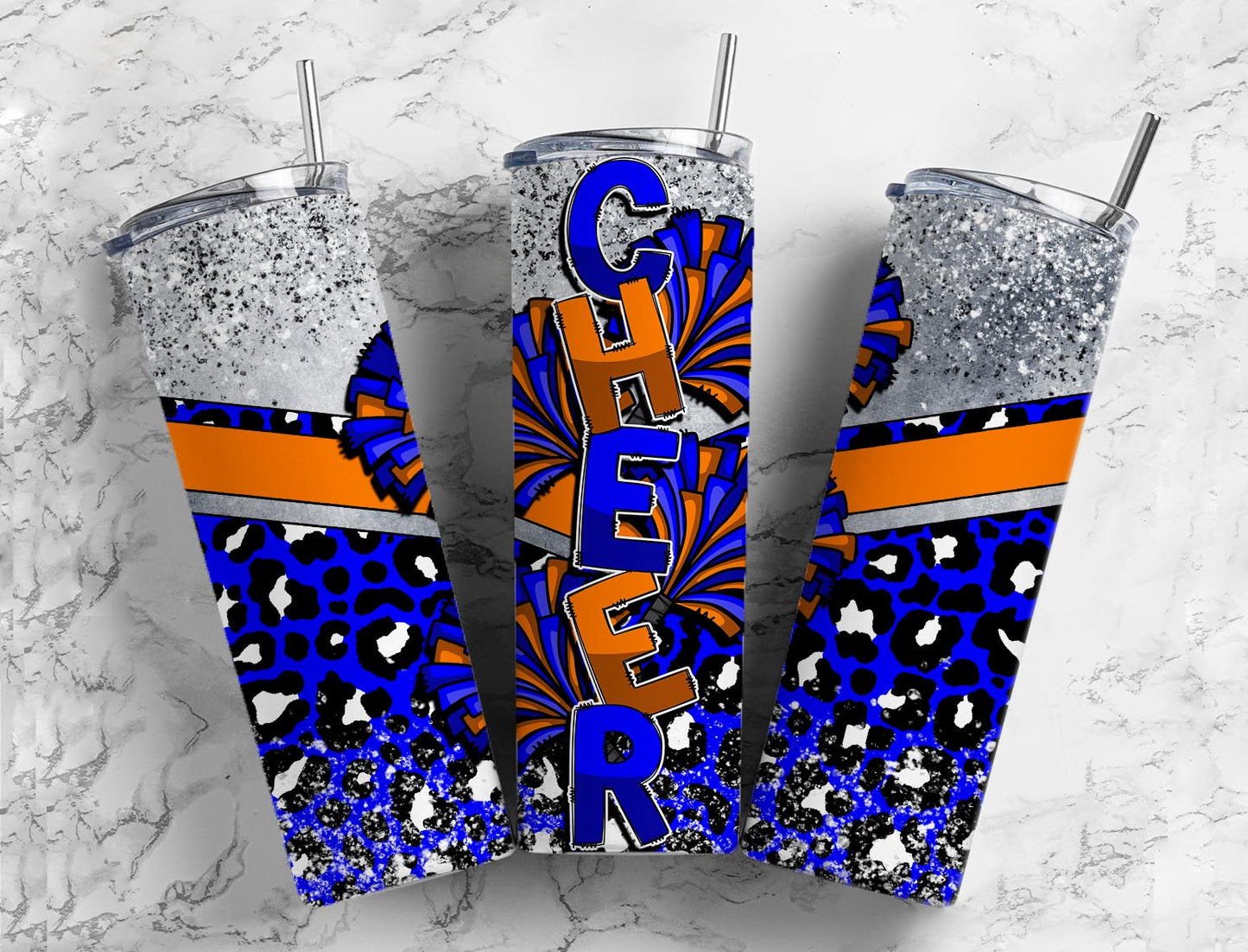 Cheerleader pom poms 20oz Sublimation Tumbler Designs, Blue and orange 9.2 x 8.3” Straight Skinny Tumbler Wrap PNG