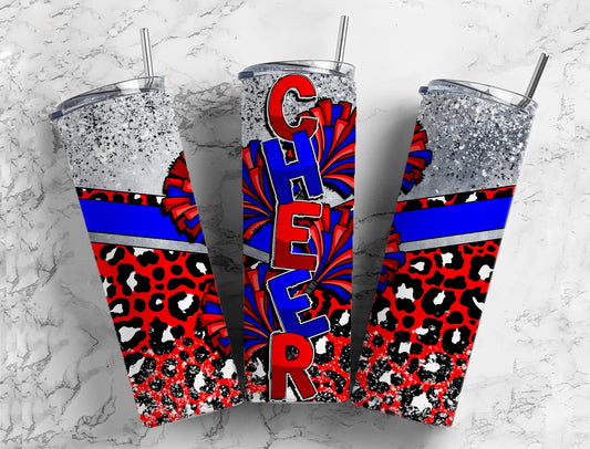 Cheerleader pom poms 20oz Sublimation Tumbler Designs, Blue and Red 9.2 x 8.3” Straight Skinny Tumbler Wrap PNG