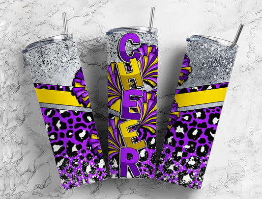 Cheerleader pom poms 20oz Sublimation Tumbler Designs, Purple leopard print 9.2 x 8.3” Straight Skinny Tumbler Wrap PNG (1)