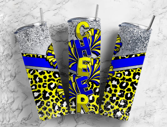 Cheerleader pom poms 20oz Sublimation Tumbler Designs, Blue and yellow 9.2 x 8.3” Straight Skinny Tumbler Wrap PNG