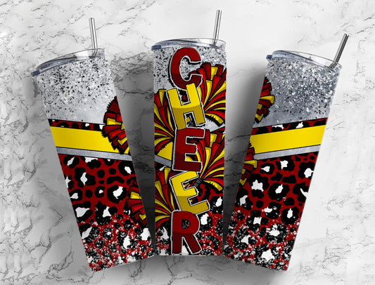 Cheerleader pom poms 20oz Sublimation Tumbler Designs, Red and yellow 9.2 x 8.3” Straight Skinny Tumbler Wrap PNG