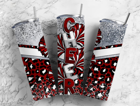 Cheerleader pom poms 20oz Sublimation Tumbler Designs, Red and white 9.2 x 8.3” Straight Skinny Tumbler Wrap PNG