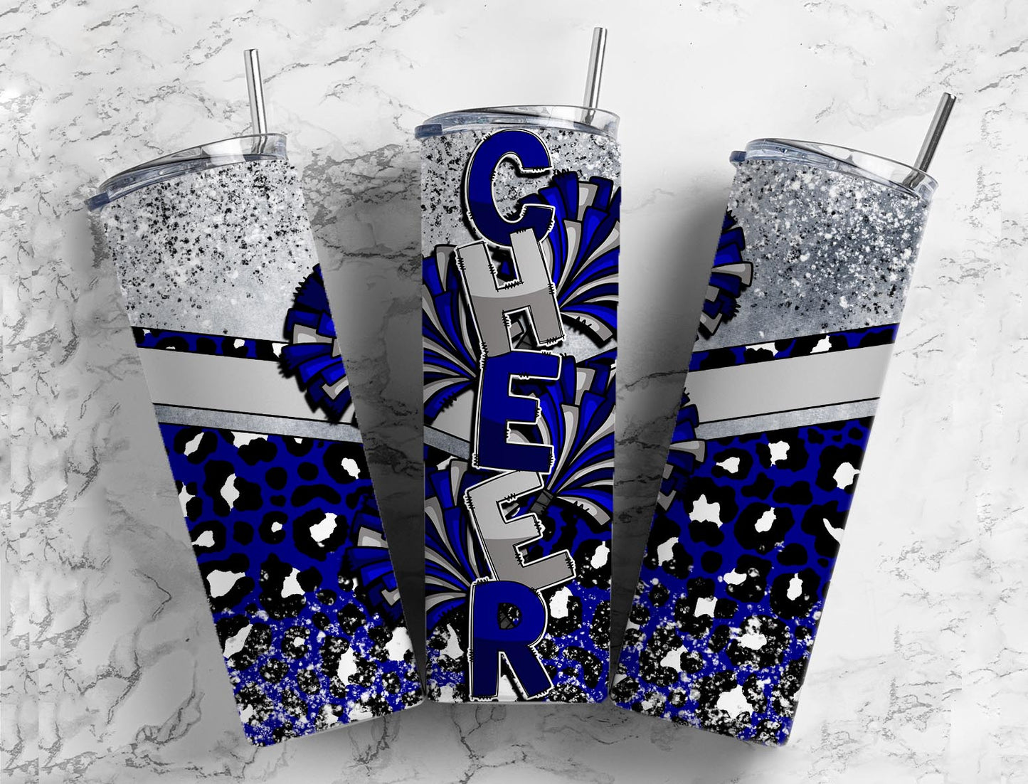 Cheerleader pom poms 20oz Sublimation Tumbler Designs, Blue and grey 9.2 x 8.3” Straight Skinny Tumbler Wrap PNG (1)