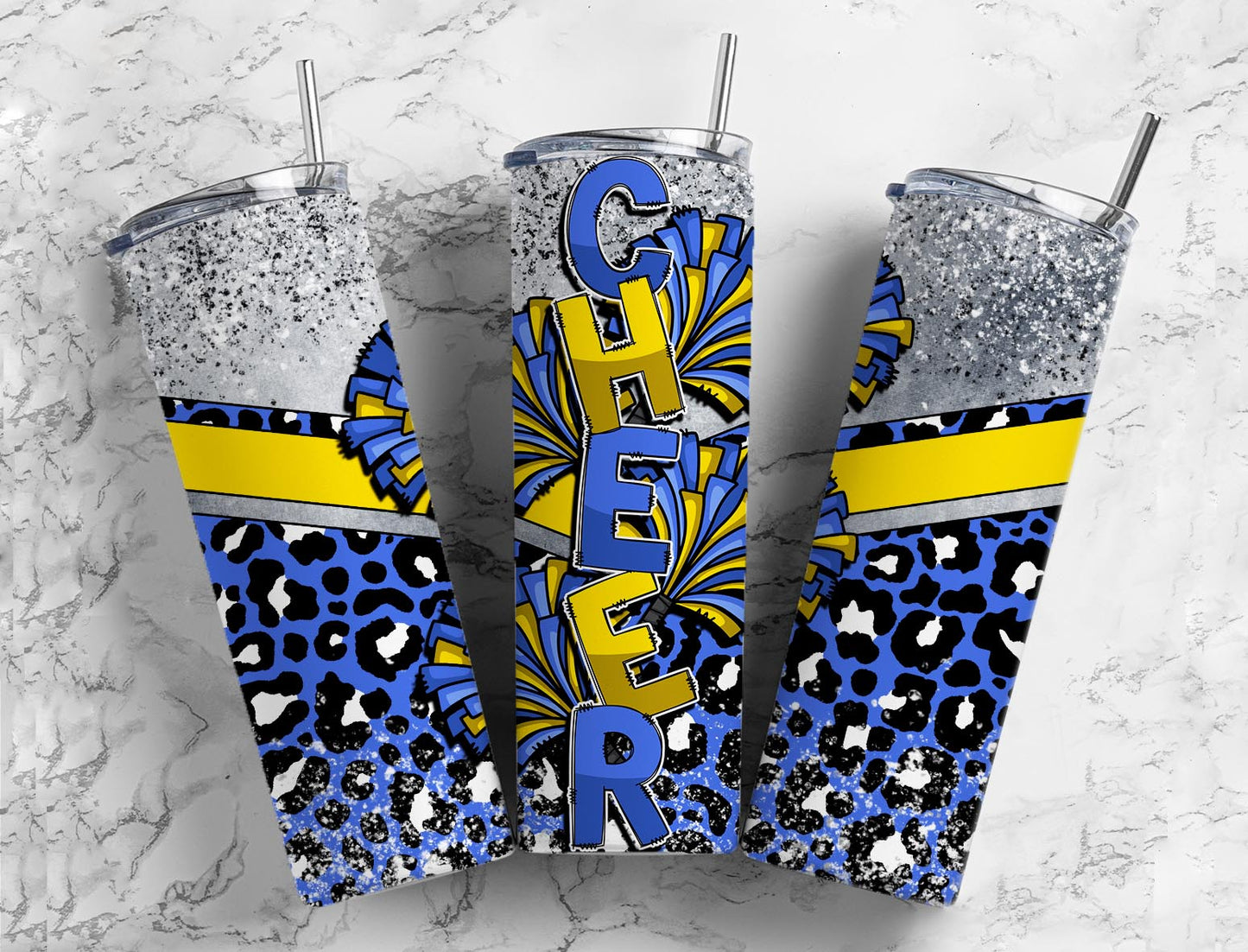 Cheerleader pom poms 20oz Sublimation Tumbler Designs, Yellow and blue 9.2 x 8.3” Straight Skinny Tumbler Wrap PNG