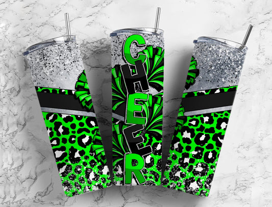 Cheerleader pom poms 20oz Sublimation Tumbler Designs, Green and black 9.2 x 8.3” Straight Skinny Tumbler Wrap PNG