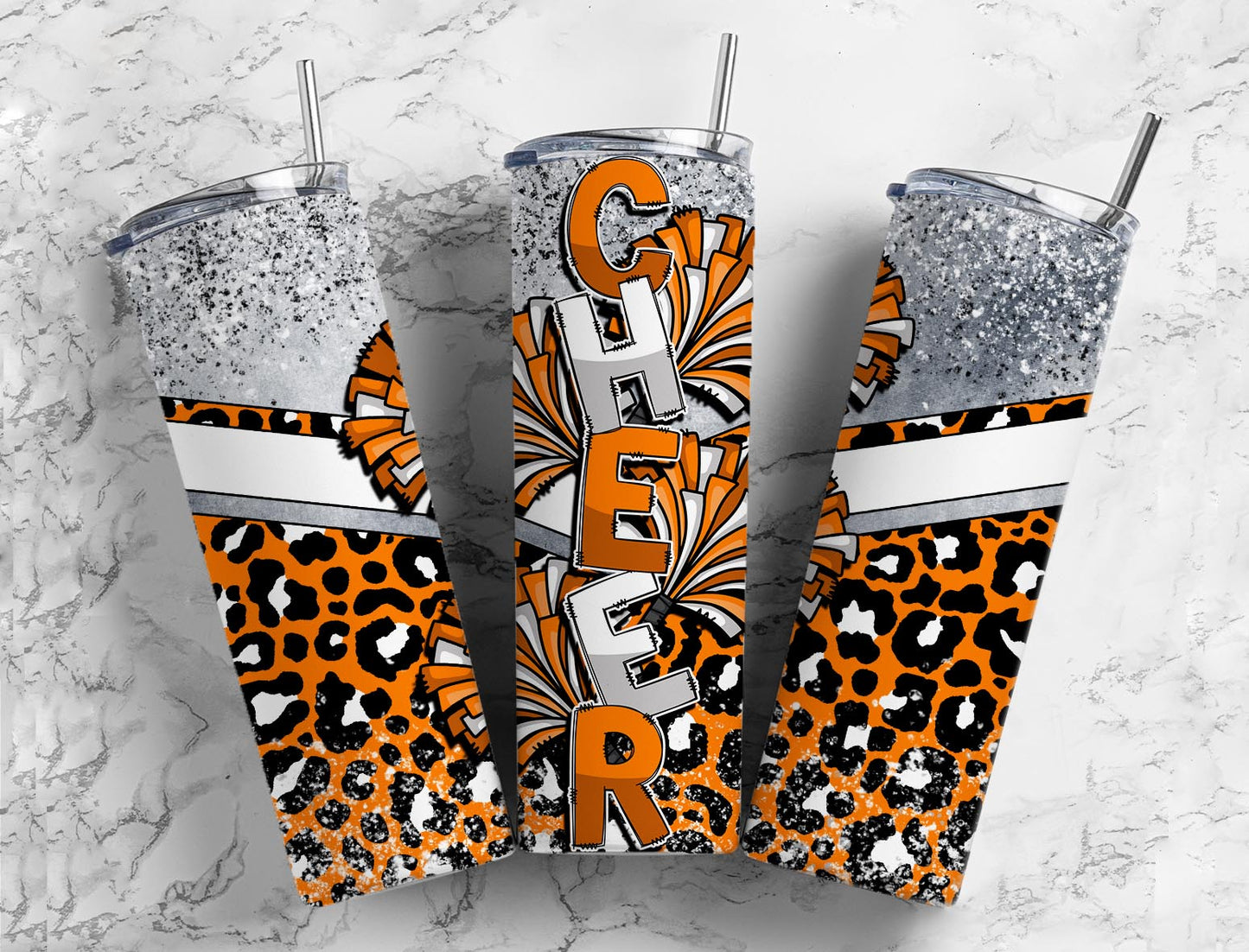 Cheerleader pom poms 20oz Sublimation Tumbler Designs, Orange and white 9.2 x 8.3” Straight Skinny Tumbler Wrap PNG