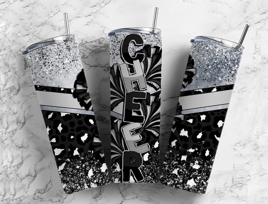 Cheerleader pom poms 20oz Sublimation Tumbler Designs, Black leopard print 9.2 x 8.3” Straight Skinny Tumbler Wrap PNG