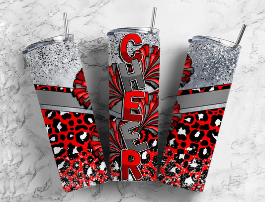 Cheerleader pom poms 20oz Sublimation Tumbler Designs, red and grey 9.2 x 8.3” Straight Skinny Tumbler Wrap PNG