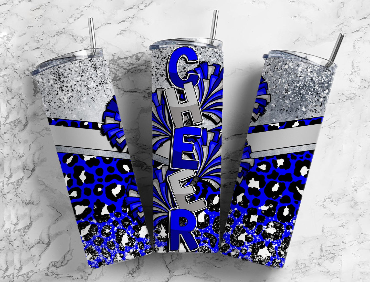 Cheerleader pom poms 20oz Sublimation Tumbler Designs, Blue and grey 9.2 x 8.3” Straight Skinny Tumbler Wrap PNG