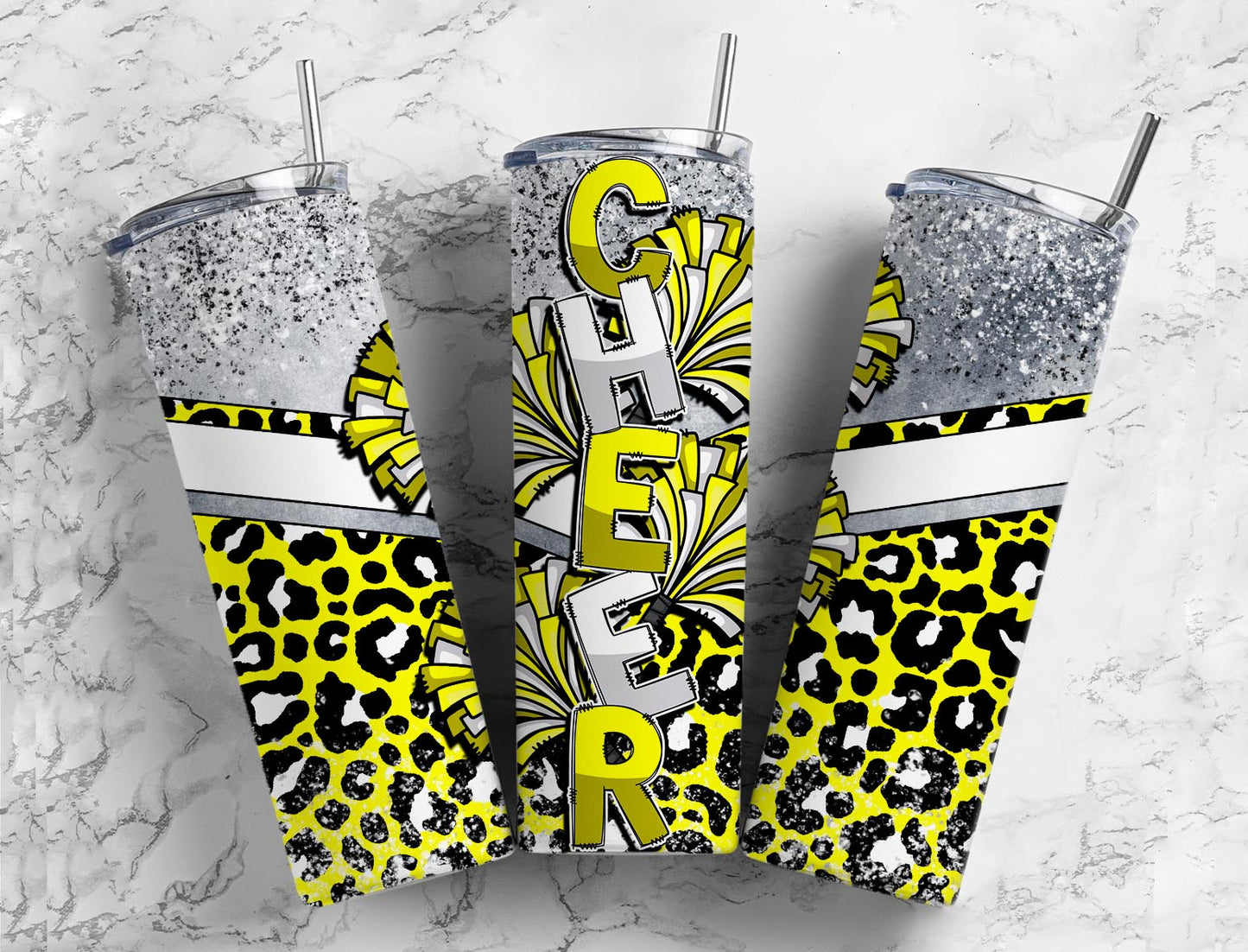 Cheerleader pom poms 20oz Sublimation Tumbler Designs, Yellow and white 9.2 x 8.3” Straight Skinny Tumbler Wrap PNG