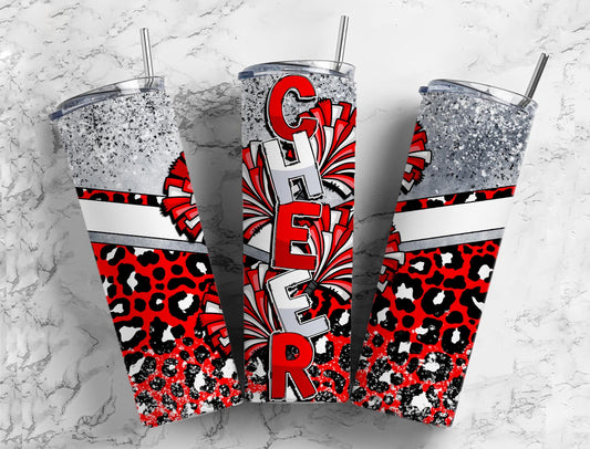 Cheerleader pom poms 20oz Sublimation Tumbler Designs, Red and white 9.2 x 8.3” Straight Skinny Tumbler Wrap PNG (1)