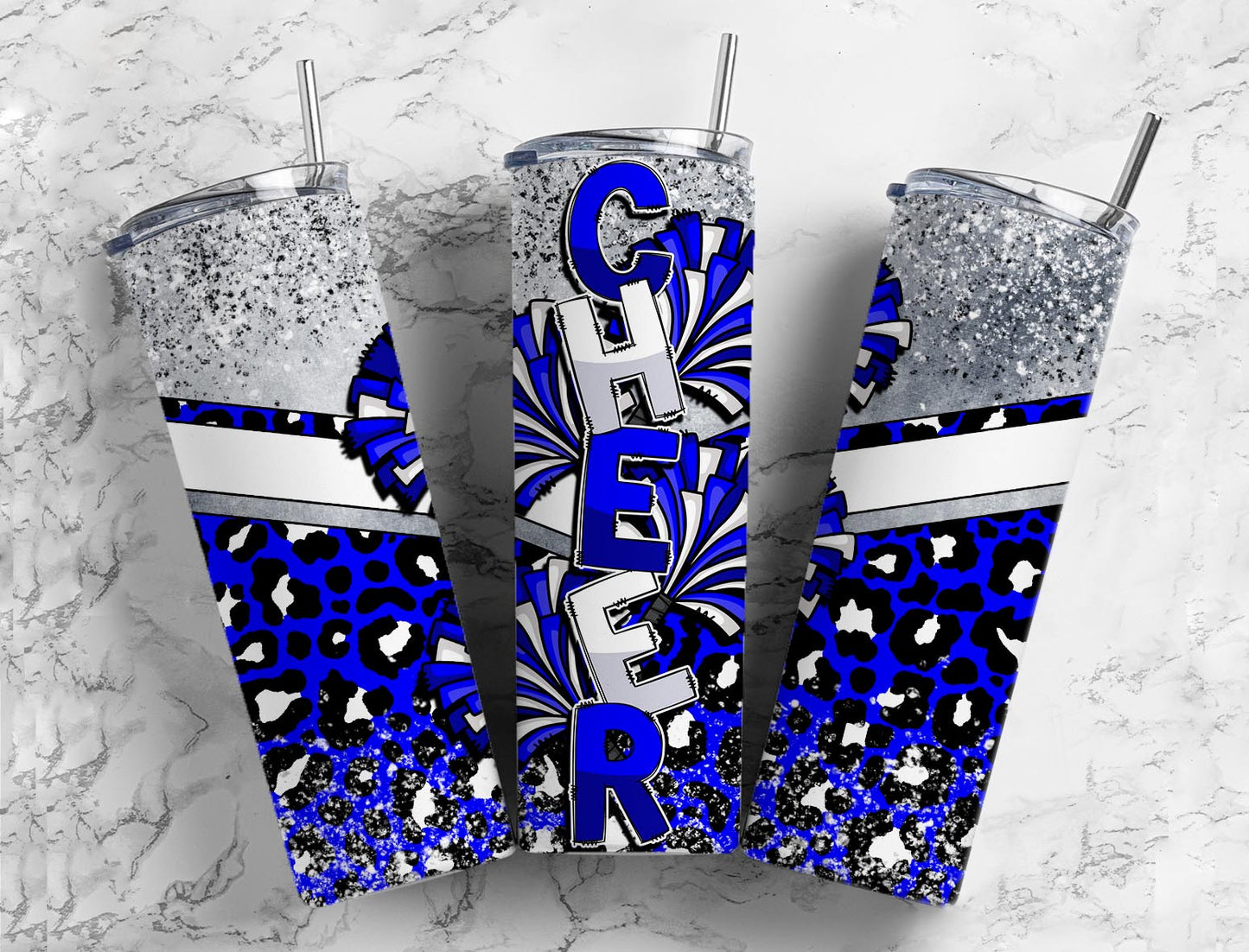 Cheerleader pom poms 20oz Sublimation Tumbler Designs, Blue and white 9.2 x 8.3” Straight Skinny Tumbler Wrap PNG