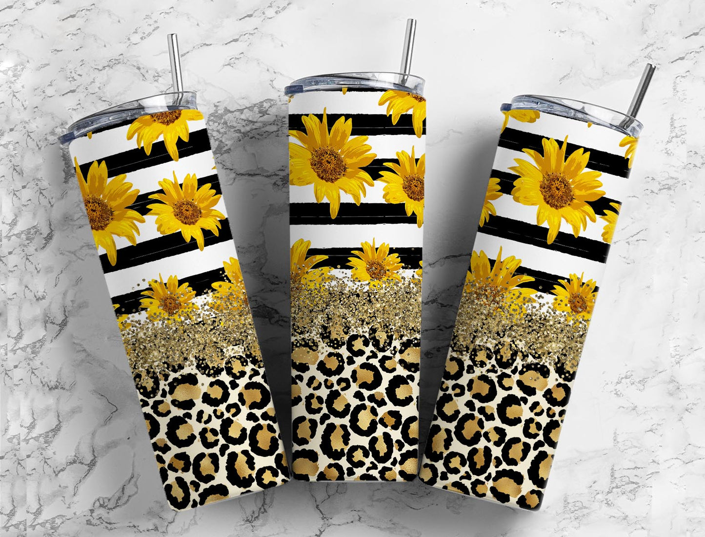 Sunflower leopard 20oz Sublimation Tumbler Designs, STripe boho 9.2 x 8.3” Straight Skinny Tumbler Wrap PNG