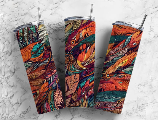 colorful feathers 20oz Sublimation Tumbler Designs, rainbow pattern 9.2 x 8.3” Straight Skinny Tumbler Wrap PNG