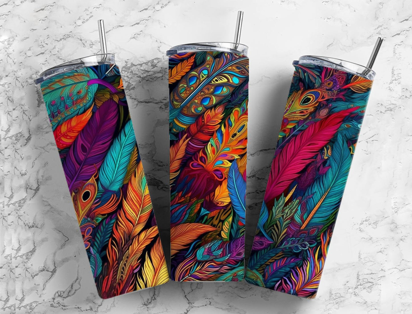 rainbow feathers 20oz Sublimation Tumbler Designs, colorful pattern 9.2 x 8.3” Straight Skinny Tumbler Wrap PNG