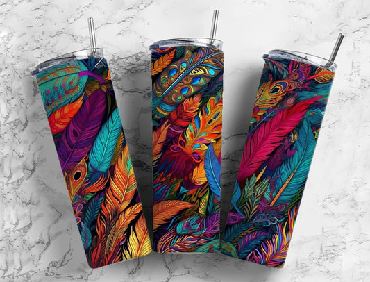 rainbow feathers 20oz Sublimation Tumbler Designs, colorful pattern 9.2 x 8.3” Straight Skinny Tumbler Wrap PNG