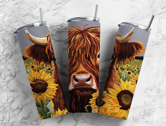 Sunflower floral 20oz Sublimation Tumbler Designs, highland cow 9.2 x 8.3” Straight Skinny Tumbler Wrap PNG