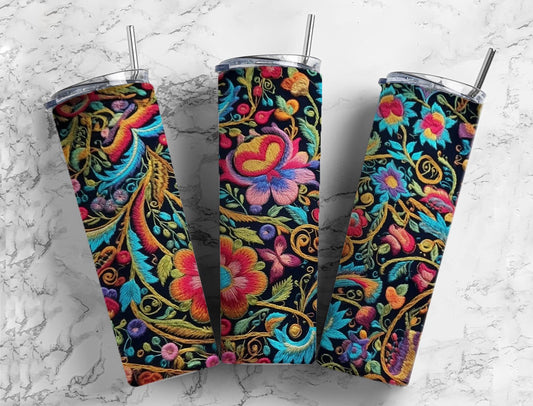 Embroidery floral 20oz Sublimation Tumbler Designs, colorful pattern 9.2 x 8.3” Straight Skinny Tumbler Wrap PNG