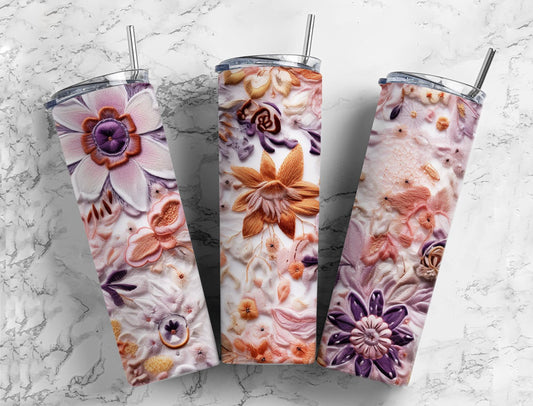 3d floral 20oz Sublimation Tumbler Designs, embossed flowers 9.2 x 8.3” Straight Skinny Tumbler Wrap PNG