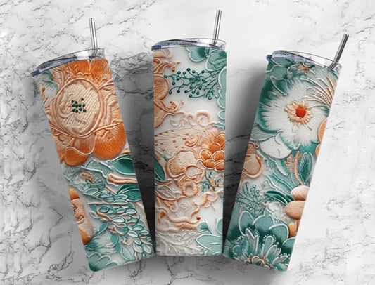 3d floral 20oz Sublimation Tumbler Designs, Embossed floral 9.2 x 8.3” Straight Skinny Tumbler Wrap PNG