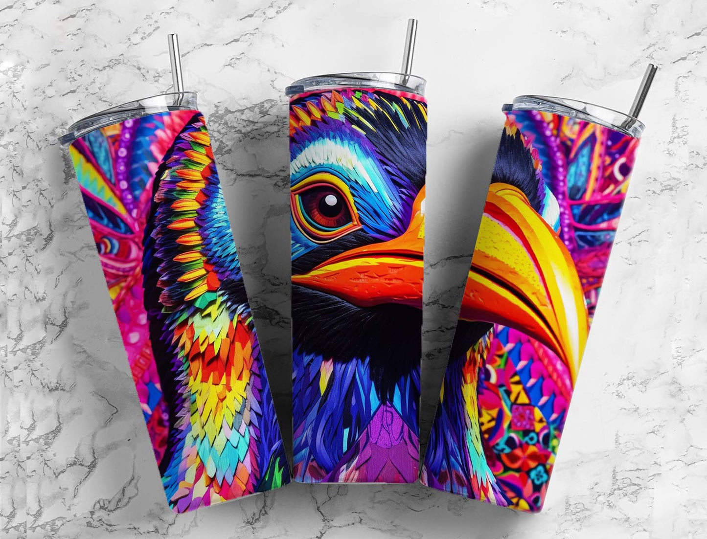 Rainbow penguin 20oz Sublimation Tumbler Designs, colorful neon 9.2 x 8.3” Straight Skinny Tumbler Wrap PNG