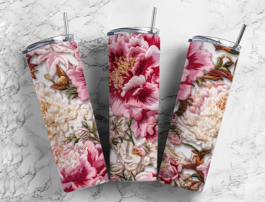 Pink floral 20oz Sublimation Tumbler Designs, embroidery flowers 9.2 x 8.3” Straight Skinny Tumbler Wrap PNG