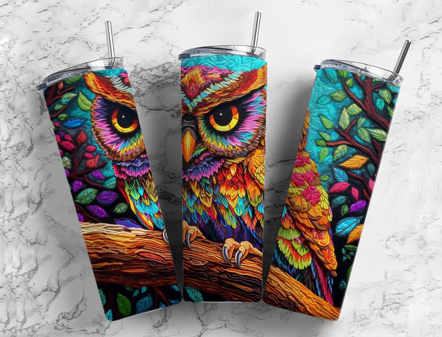 rainbow owl 20oz Sublimation Tumbler Designs, forest branch 9.2 x 8.3” Straight Skinny Tumbler Wrap PNG