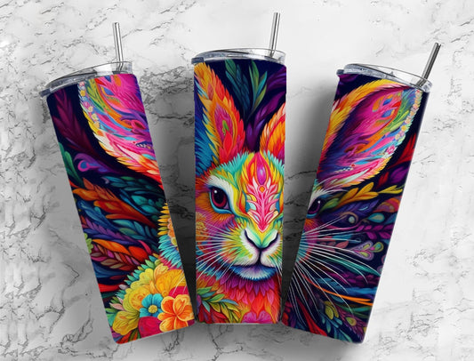 Rainbow rabbit 20oz Sublimation Tumbler Designs, floral colorful 9.2 x 8.3” Straight Skinny Tumbler Wrap PNG