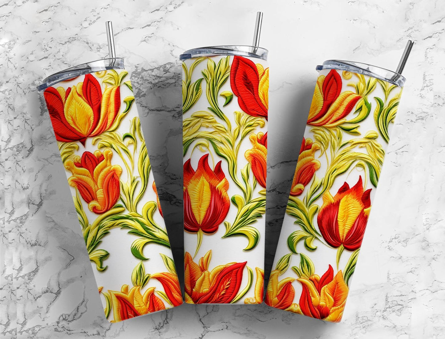 Retro embroidery 20oz Sublimation Tumbler Designs, orange floral 9.2 x 8.3” Straight Skinny Tumbler Wrap PNG