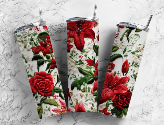 Red roses embroidery 20oz Sublimation Tumbler Designs, floral pattern 9.2 x 8.3” Straight Skinny Tumbler Wrap PNG