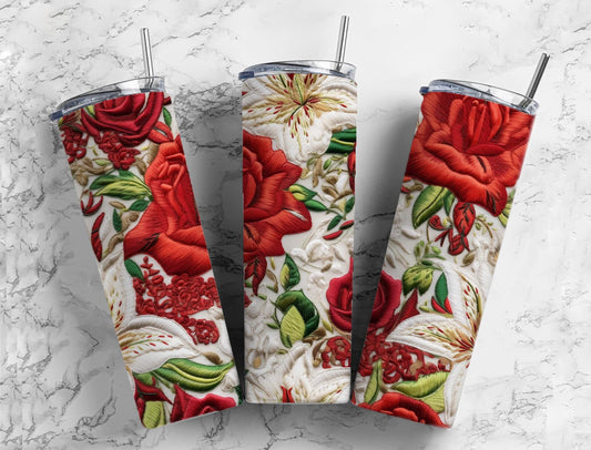 Red roses 20oz Sublimation Tumbler Designs, Embroidery floral 9.2 x 8.3” Straight Skinny Tumbler Wrap PNG