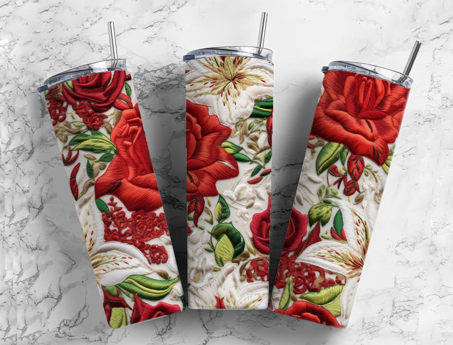 Red roses 20oz Sublimation Tumbler Designs, Embroidery floral 9.2 x 8.3” Straight Skinny Tumbler Wrap PNG (1)