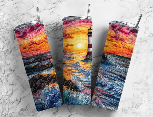 Sunset ocean landscape 20oz Sublimation Tumbler Designs, ocean lighthouse 9.2 x 8.3” Straight Skinny Tumbler Wrap PNG